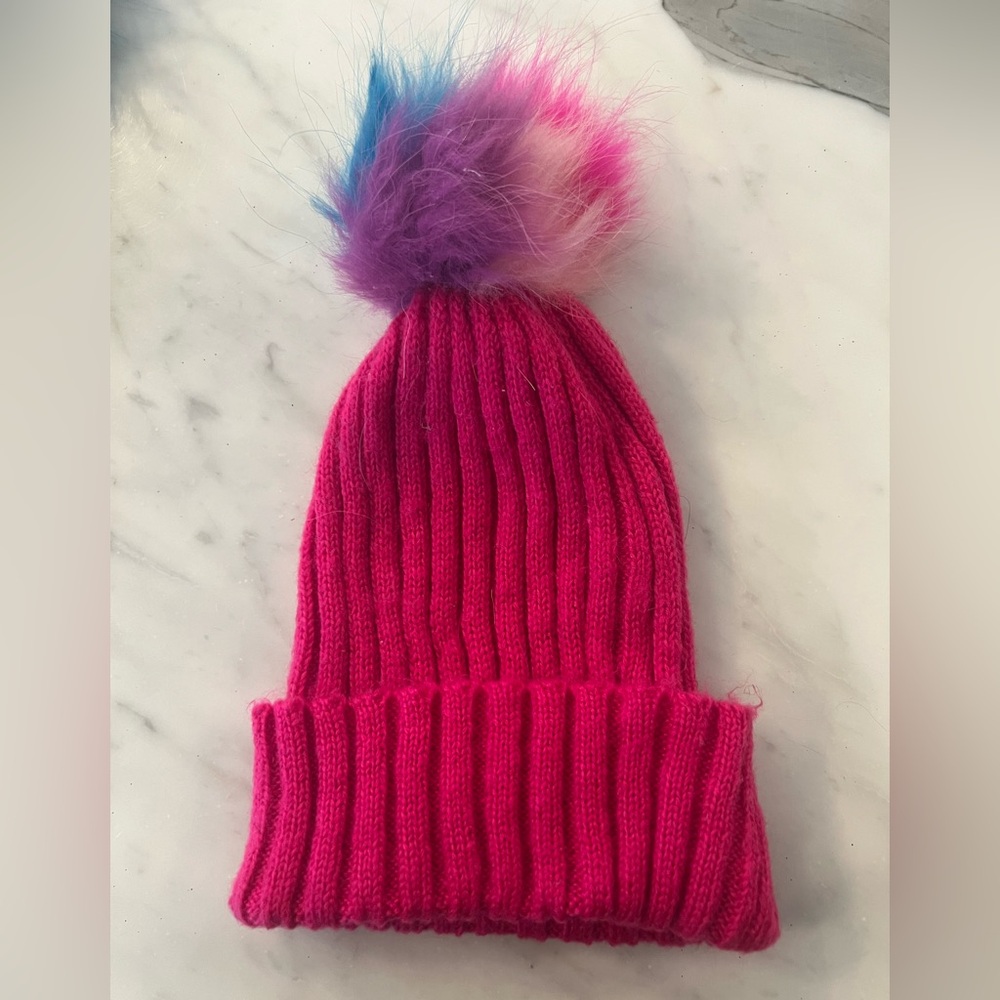 Bari Lynn Hot Pink Knit Beanie Hat with Rainbow Faux Fur Pom One Size Winter EUC